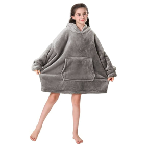 Детско пухкаво одеяло-суичър с ръкави и качулка - Сиво
