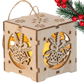 Коледен LED фенер от естествено дърво с коледни камбанки и звездички