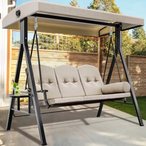 Луксозна триместна градинска люлка с възглавница и две поставки, бежова