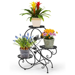 Поставка за растения ковано желязо, 3 нива, дизайн листа и пеперуди, черно