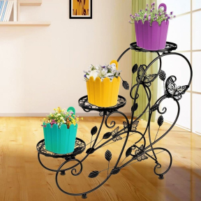 Поставка за растения ковано желязо, стълбообразна с 3 нива, дизайн листа и пеперуди, черна