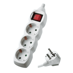 Разклонител с 3 гнезда, 1.5 м. кабел 1.5mm2 и ключ, 16A, 3680W max, Бял