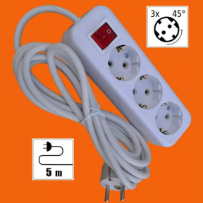 Разклонител 3 гнезда с кабел 5 м и прекъсвач - бял